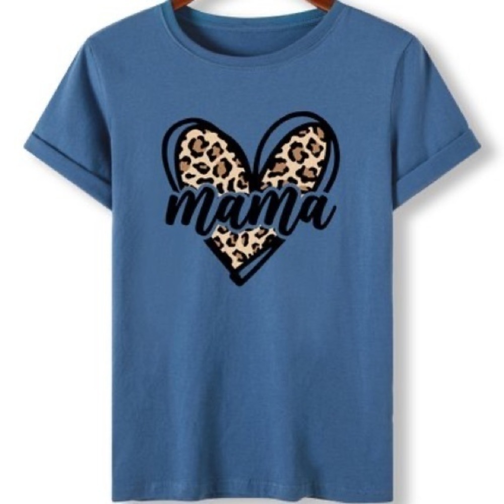 Mama Leopard Heart Graphic T Shirt Women’s Blue Short Sleeve Mom